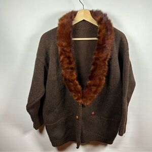Vintage Brown Cardigan with Faux Fur Trim